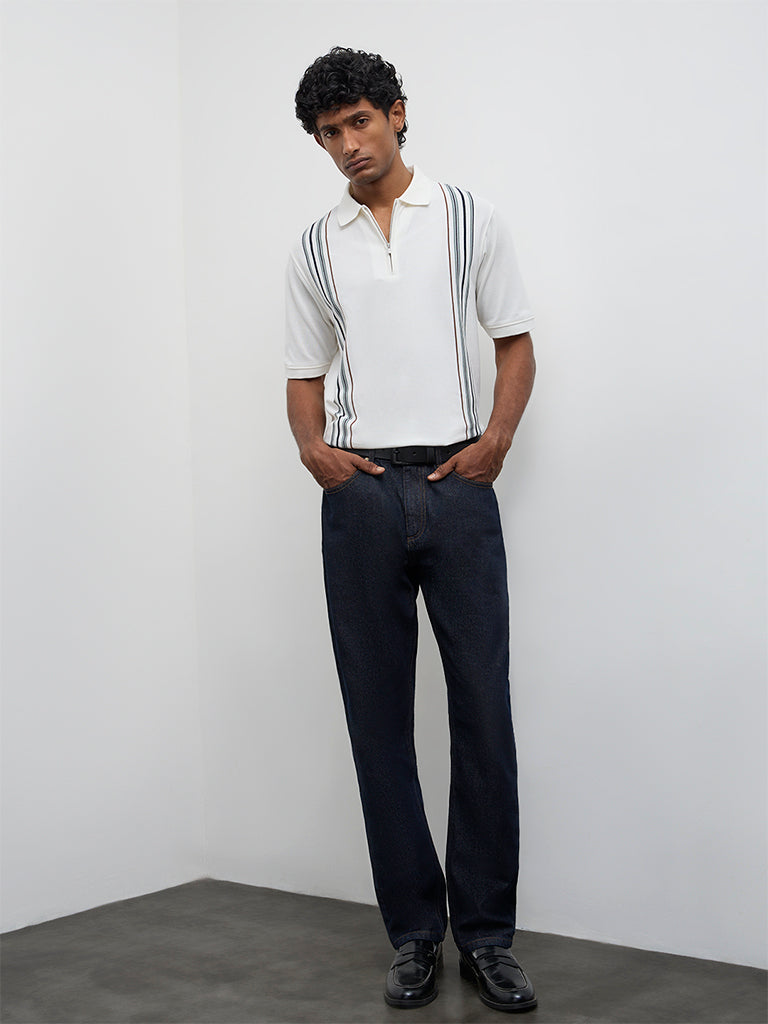 WES Casuals Off-White Striped Relaxed Fit Quarter-Zip Polo T-Shirt