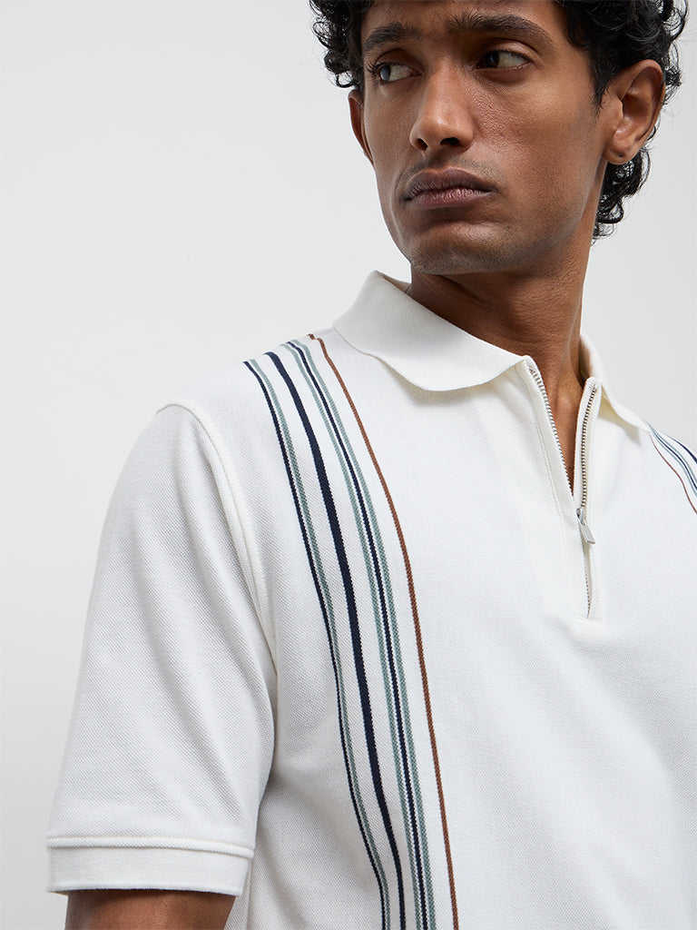 Buy WES Casuals Off-White Striped Relaxed Fit Quarter-Zip Polo T