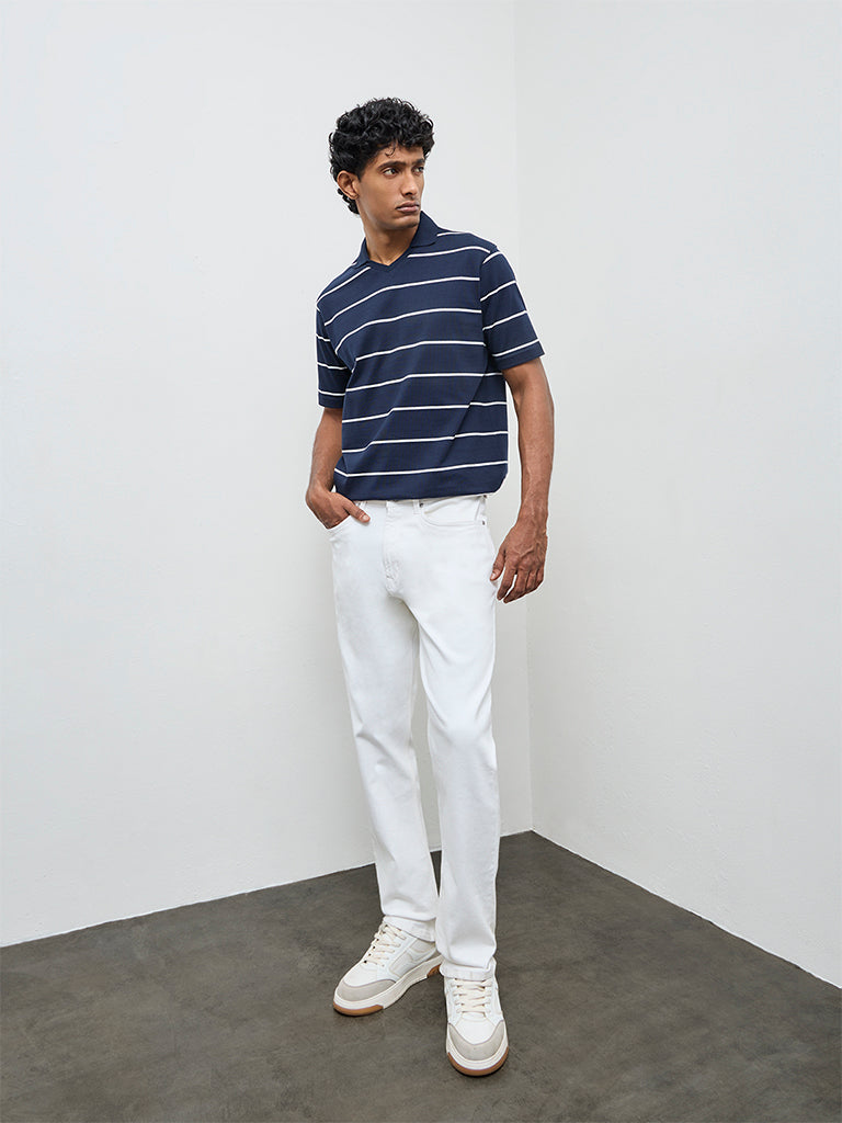 WES Casuals Navy Striped Relaxed Fit Cotton-Blend T-Shirt