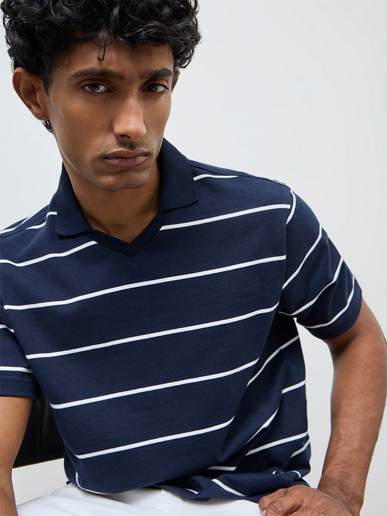 WES Casuals Navy Striped Relaxed Fit Cotton-Blend T-Shirt
