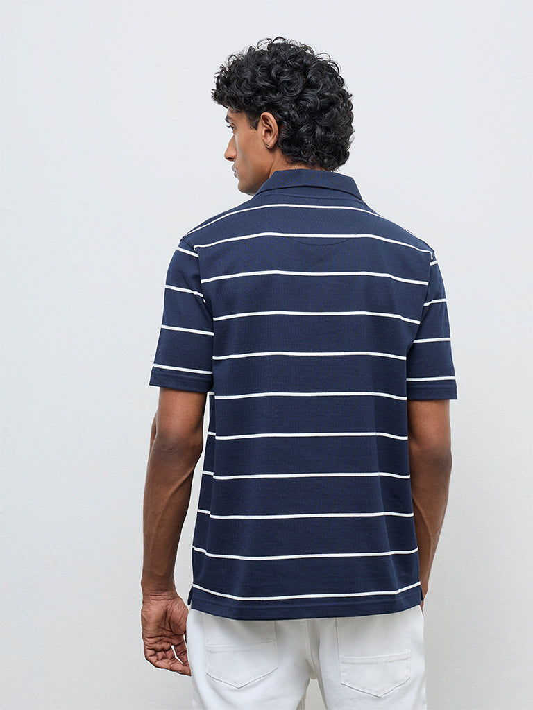WES Casuals Navy Striped Relaxed Fit Cotton-Blend T-Shirt