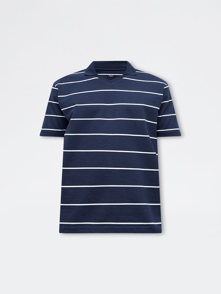 WES Casuals Navy Striped Relaxed Fit Cotton-Blend T-Shirt