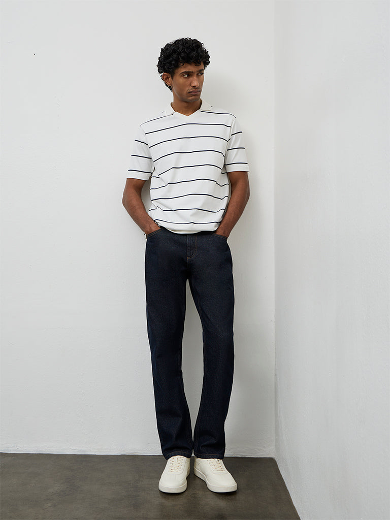 WES Casuals Off-White Striped Relaxed Fit T-Shirt