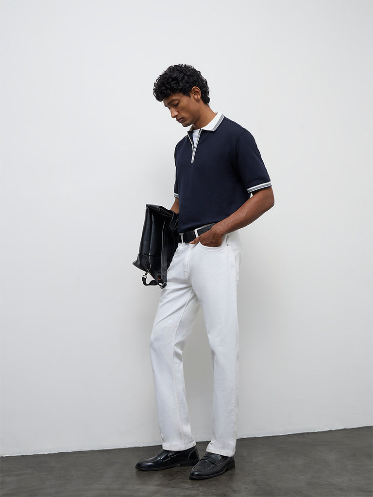 WES Casuals Navy Waffle-Textured Relaxed-Fit Quarter-Zip Polo T-Shirt
