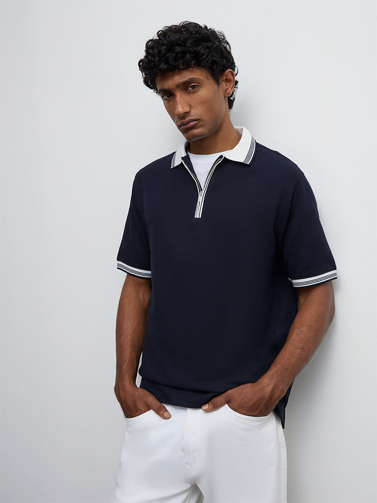 WES Casuals Navy Waffle-Textured Relaxed-Fit Quarter-Zip Polo T-Shirt