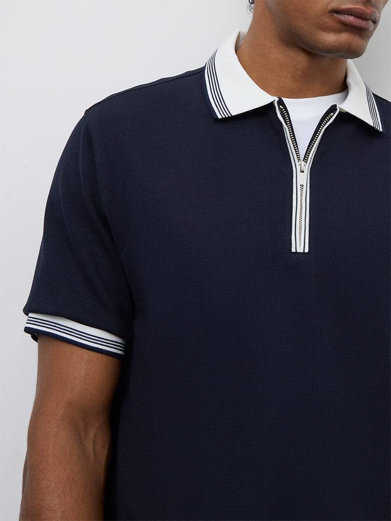 WES Casuals Navy Waffle-Textured Relaxed-Fit Quarter-Zip Polo T-Shirt