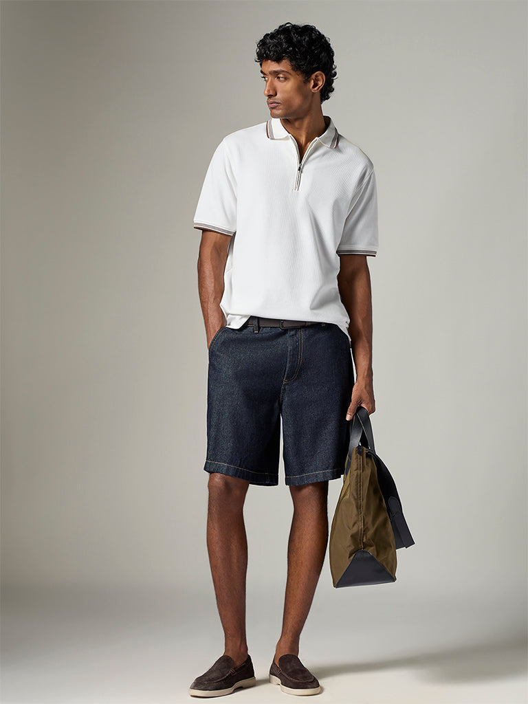 WES Casuals White Waffle-Textured Relaxed-Fit Cotton Polo T-Shirt