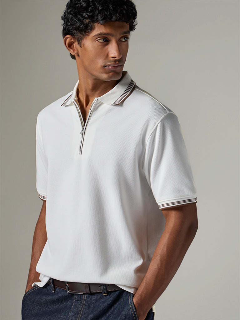 WES Casuals White Waffle-Textured Relaxed-Fit Cotton Polo T-Shirt