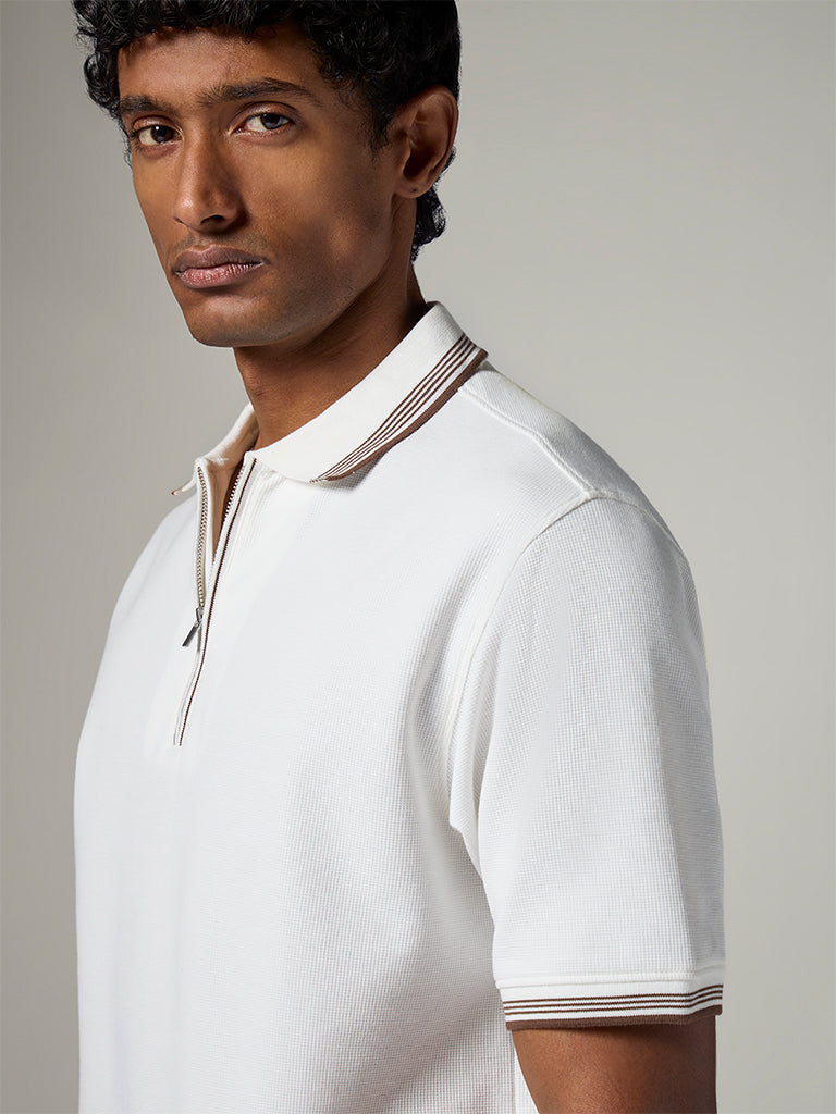 WES Casuals White Waffle-Textured Relaxed-Fit Cotton Polo T-Shirt