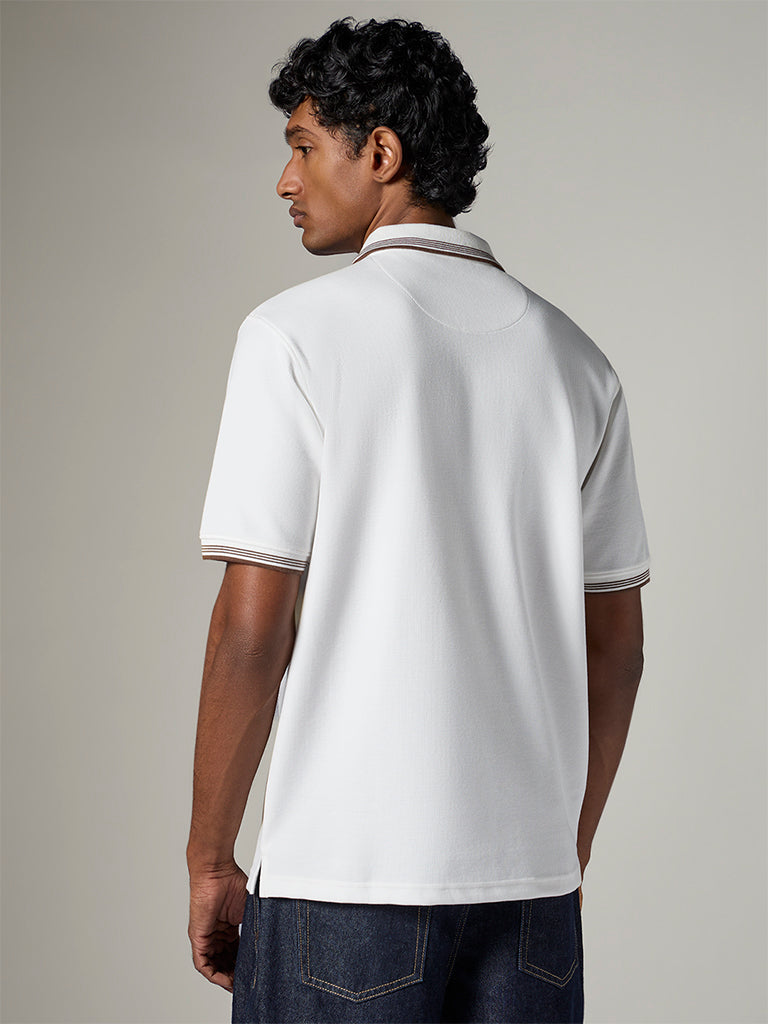WES Casuals White Waffle-Textured Relaxed-Fit Cotton Polo T-Shirt