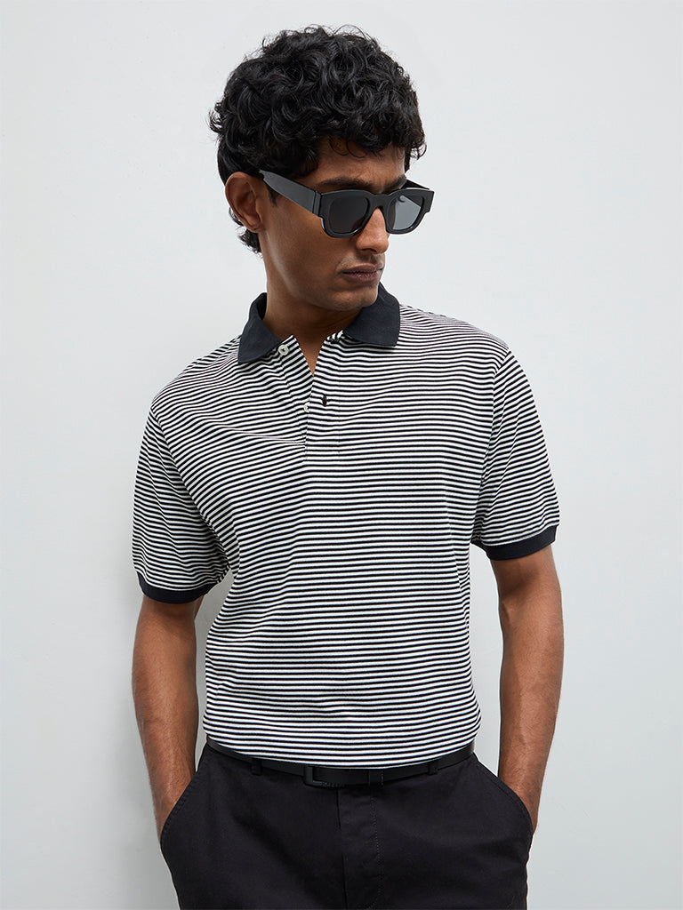 WES Casuals Black Striped Relaxed-Fit Polo T-Shirt