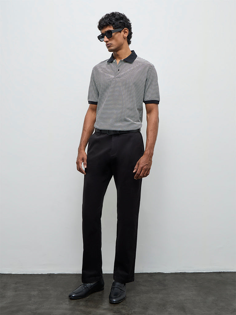 WES Casuals Black Striped Relaxed-Fit Polo T-Shirt