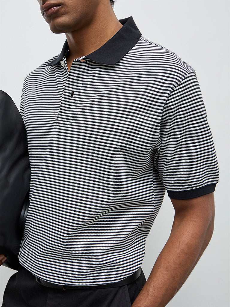 WES Casuals Black Striped Relaxed-Fit Polo T-Shirt