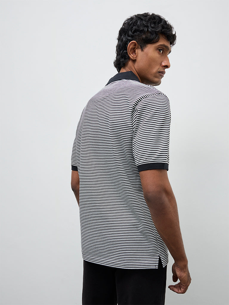 WES Casuals Black Striped Relaxed-Fit Polo T-Shirt