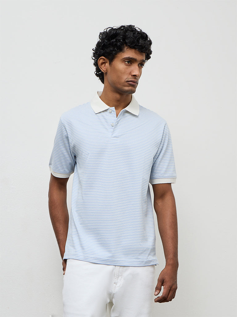 WES Casuals Light Blue Striped Relaxed-Fit Cotton-Blend Polo T-Shirt