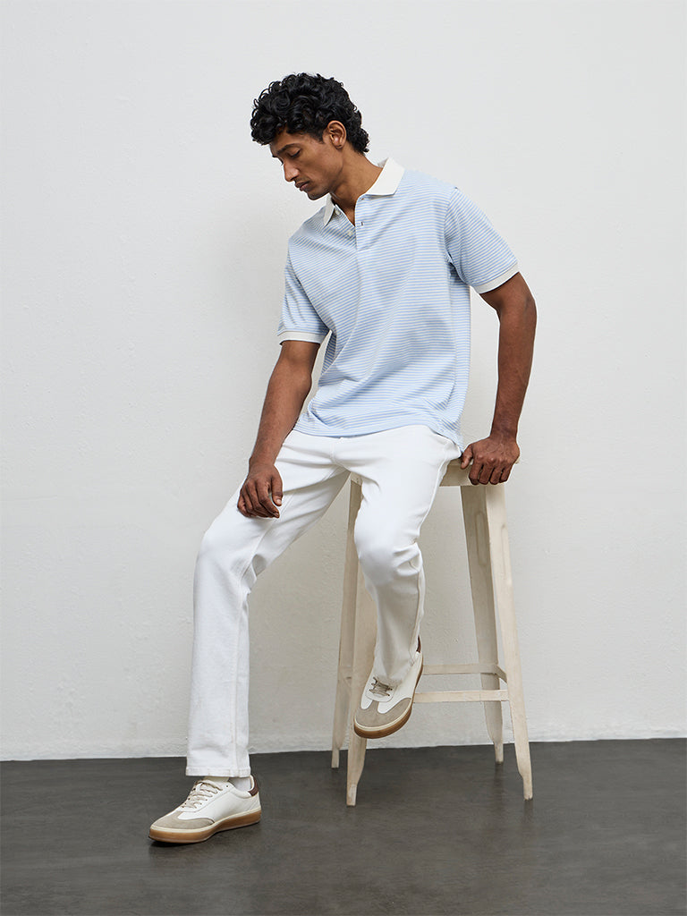 WES Casuals Light Blue Striped Relaxed-Fit Cotton-Blend Polo T-Shirt