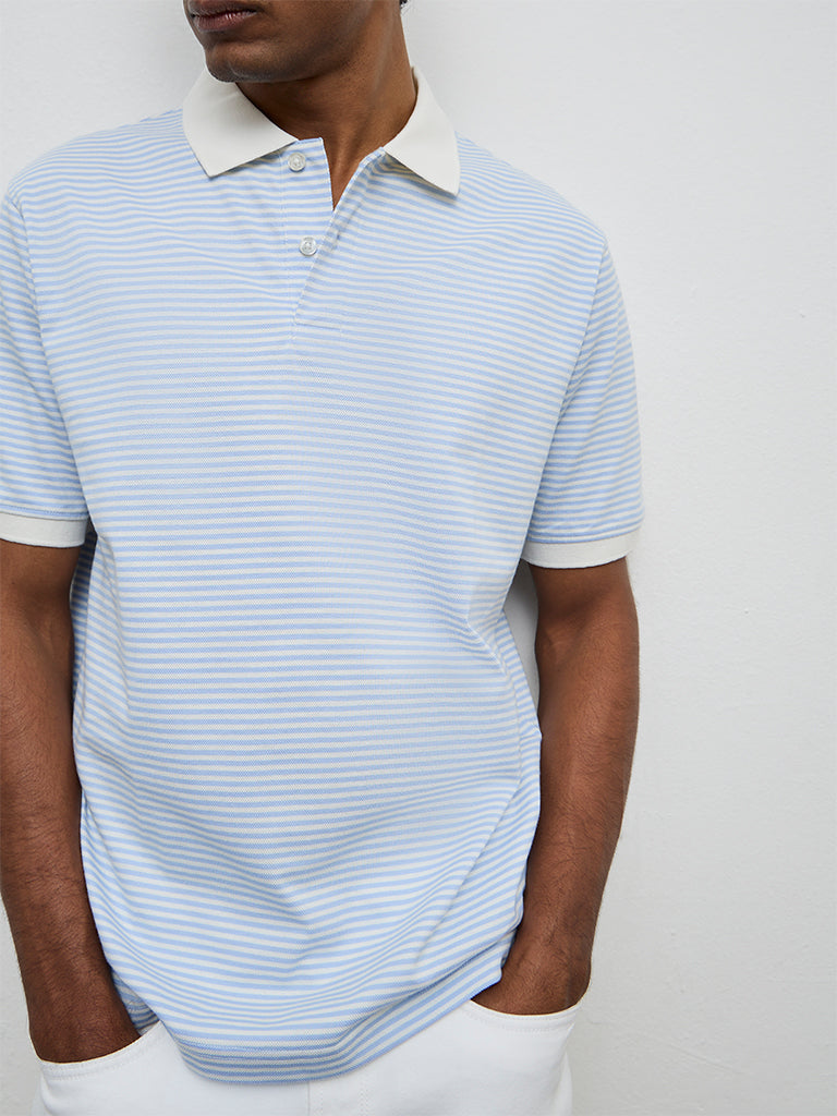 WES Casuals Light Blue Striped Relaxed-Fit Cotton-Blend Polo T-Shirt