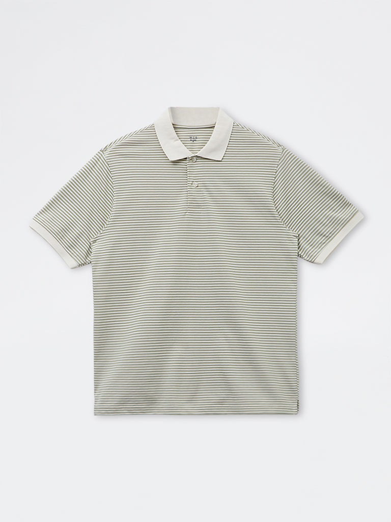 WES Casuals Sage Stripe Relaxed-Fit Cotton-Blend Polo T-Shirt