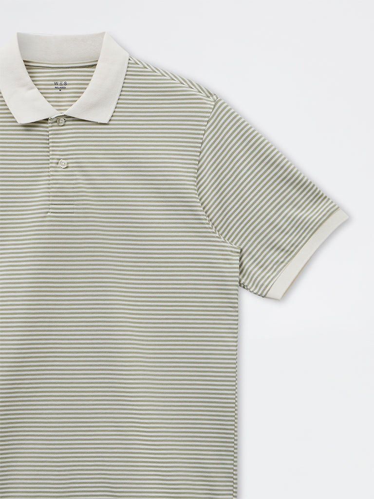 WES Casuals Sage Stripe Relaxed-Fit Cotton-Blend Polo T-Shirt