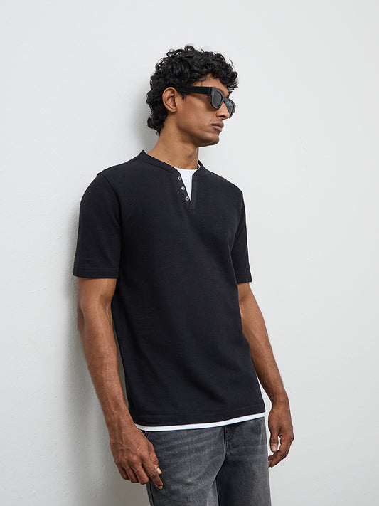 WES Casuals Black Solid Textured Relaxed-Fit Cotton T-Shirt