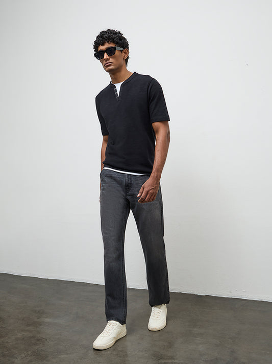 WES Casuals Black Solid Textured Relaxed-Fit Cotton T-Shirt