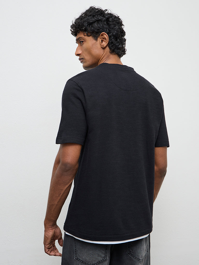 WES Casuals Black Solid Textured Relaxed-Fit Cotton T-Shirt