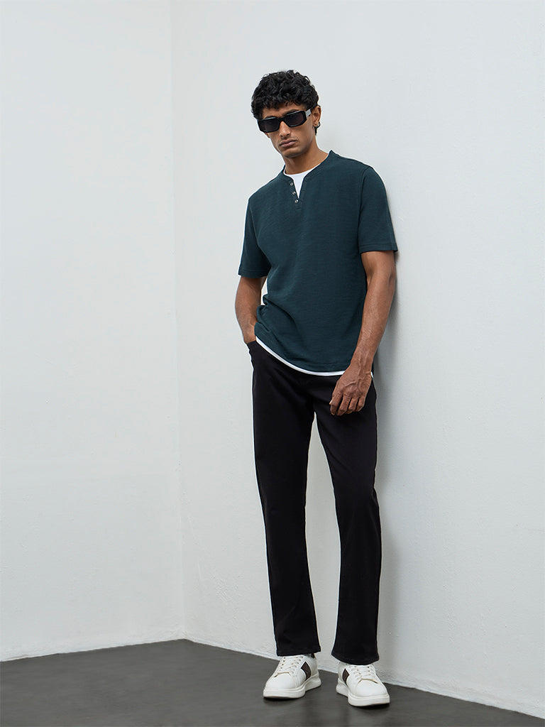 WES Casuals Green Textured Relaxed-Fit Cotton T-Shirt