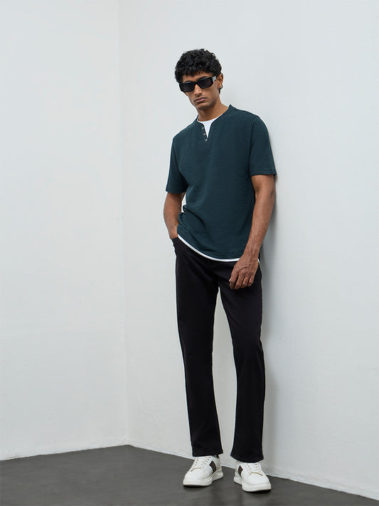 WES Casuals Green Textured Relaxed-Fit Cotton T-Shirt