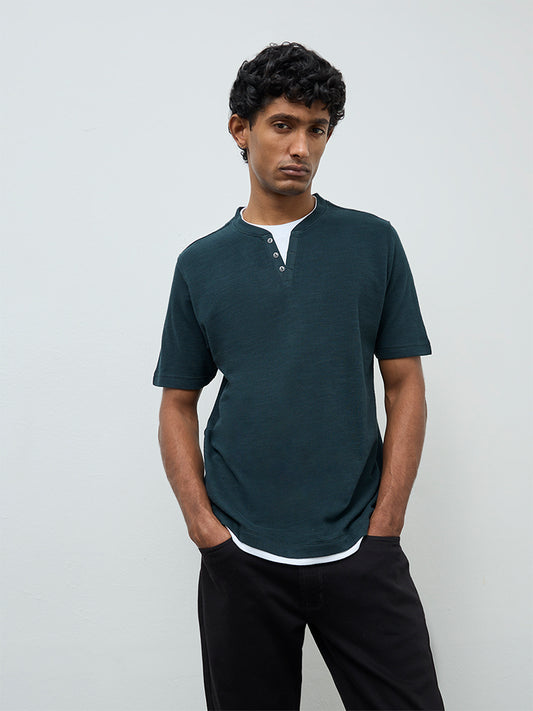 WES Casuals Green Textured Relaxed-Fit Cotton T-Shirt