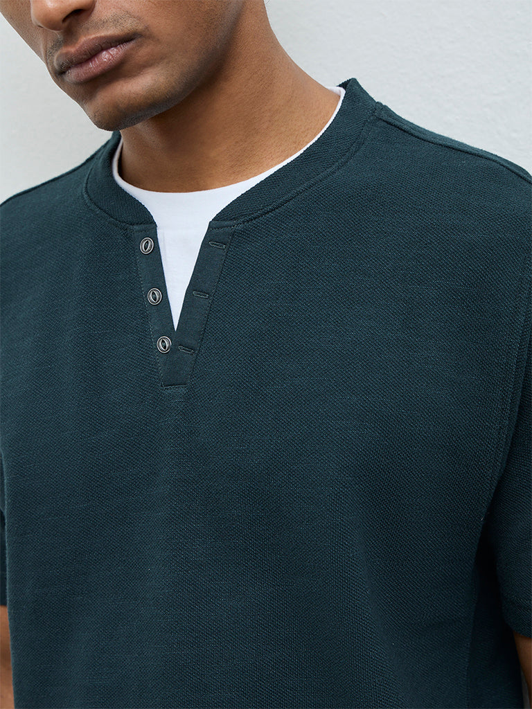 WES Casuals Green Textured Relaxed-Fit Cotton T-Shirt