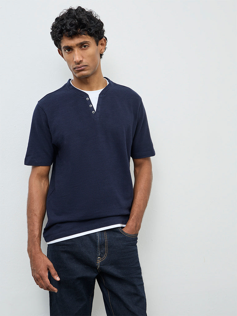WES Casuals Navy Textured Relaxed Fit Cotton T-Shirt