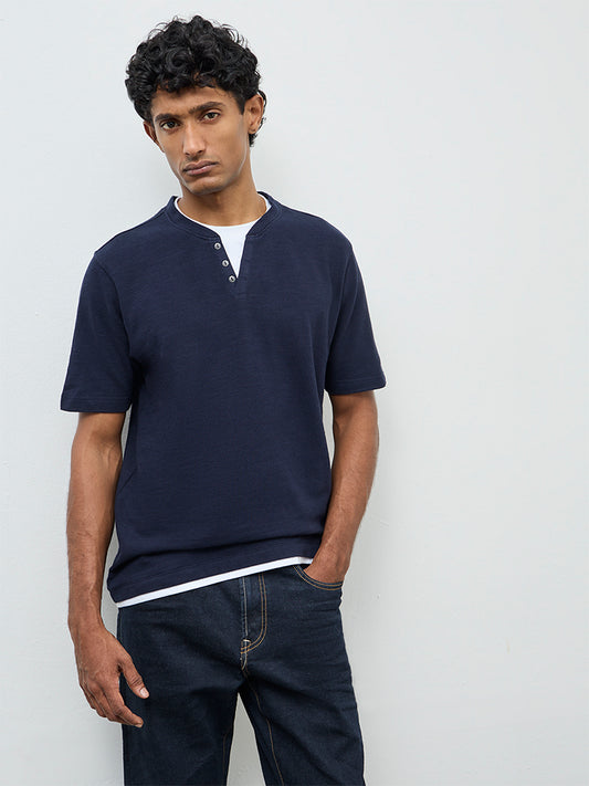WES Casuals Navy Textured Relaxed Fit Cotton T-Shirt