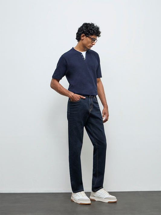 WES Casuals Navy Textured Relaxed Fit Cotton T-Shirt