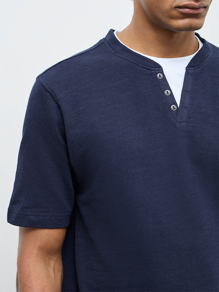 WES Casuals Navy Textured Relaxed Fit Cotton T-Shirt