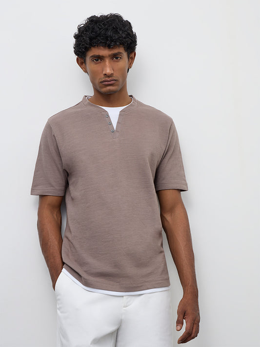 WES Casuals Taupe Relaxed-Fit Textured Cotton T-Shirt