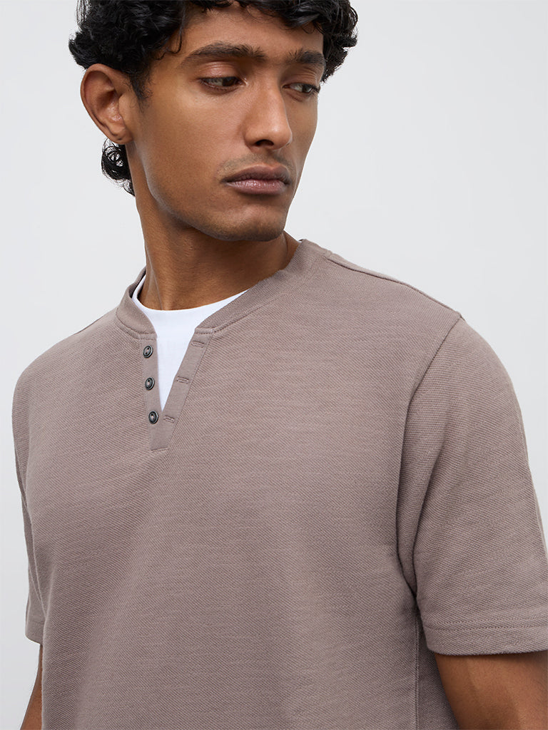 WES Casuals Taupe Relaxed-Fit Textured Cotton T-Shirt
