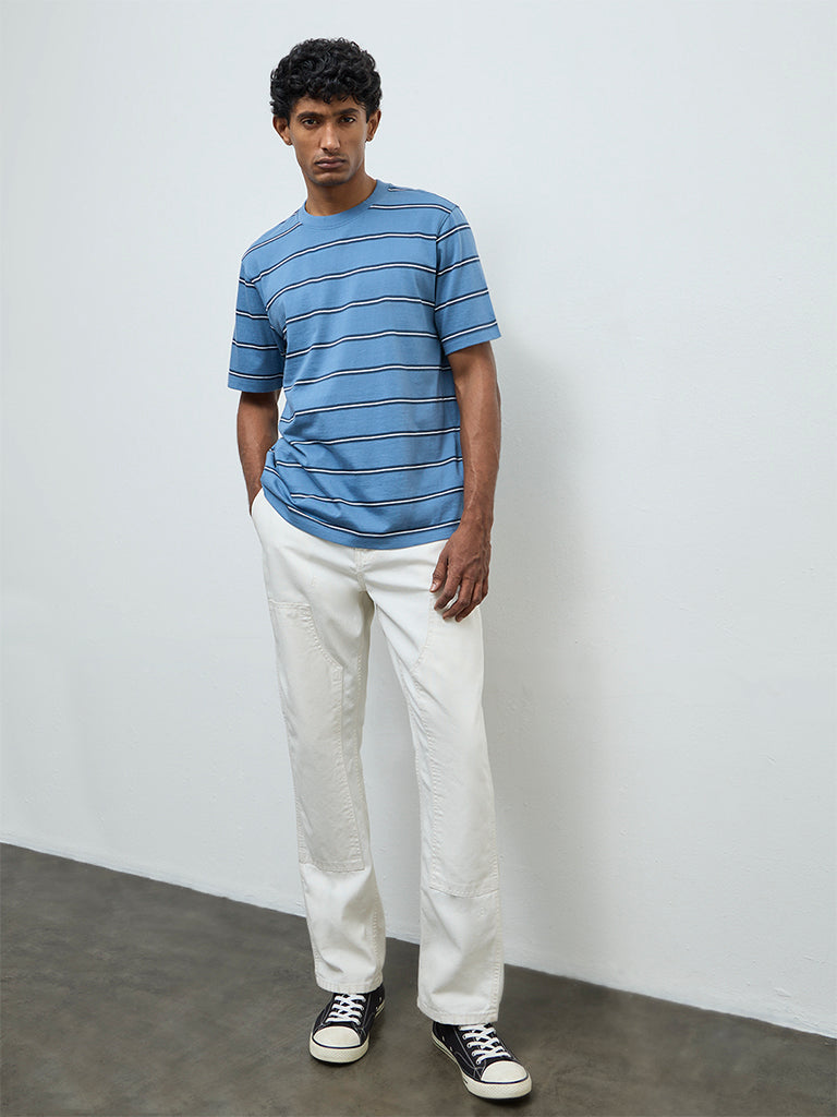 WES Casuals Blue Striped Relaxed-Fit Cotton T-Shirt