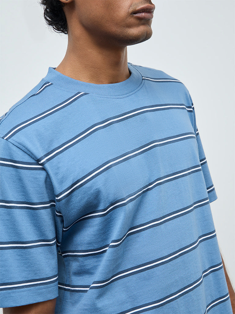 WES Casuals Blue Striped Relaxed-Fit Cotton T-Shirt