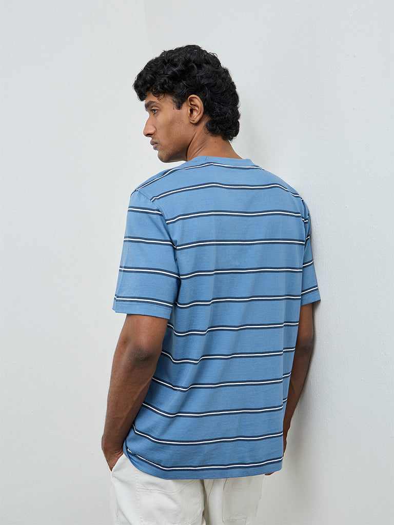 WES Casuals Blue Striped Relaxed-Fit Cotton T-Shirt