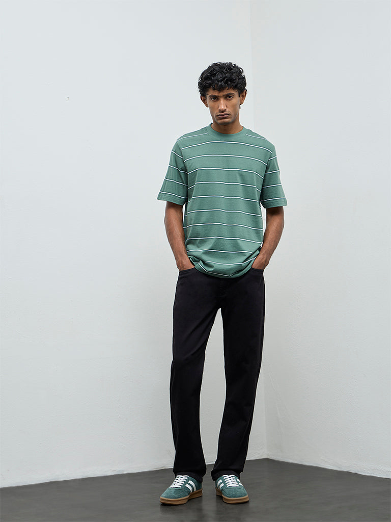 WES Casuals Green Striped Relaxed-Fit Cotton T-Shirt