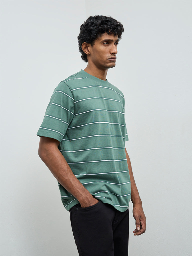 WES Casuals Green Striped Relaxed-Fit Cotton T-Shirt