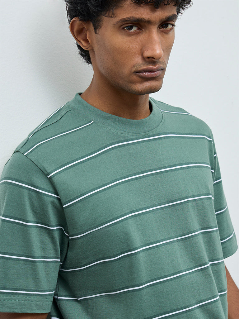 WES Casuals Green Striped Relaxed-Fit Cotton T-Shirt