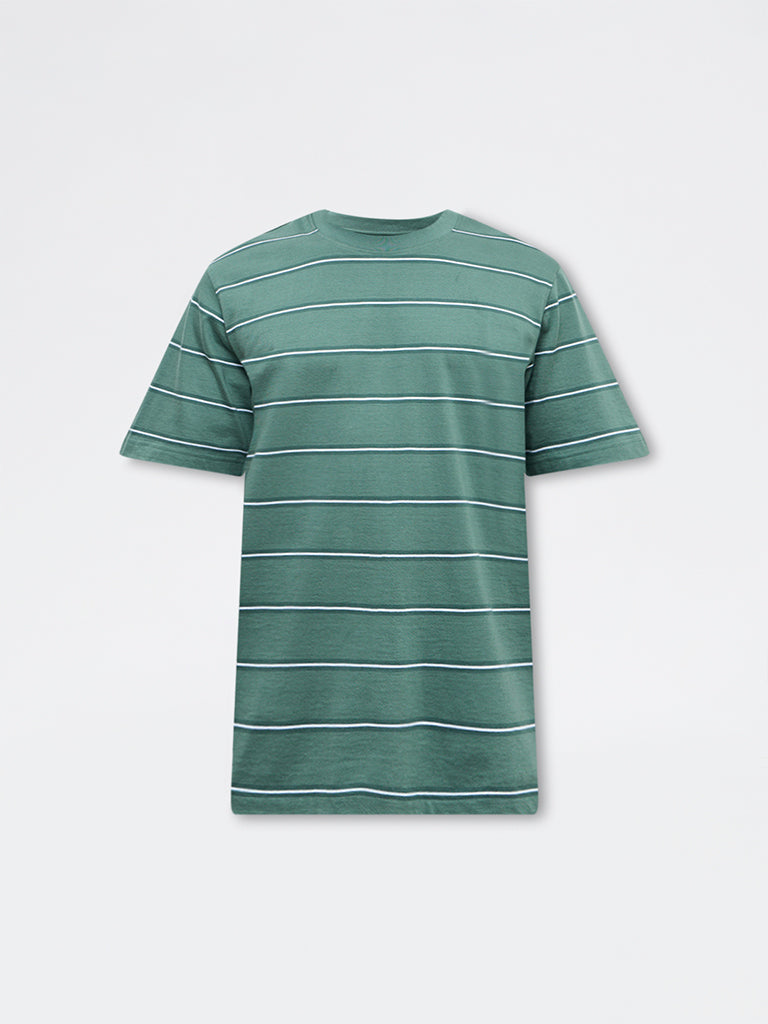 WES Casuals Green Striped Relaxed-Fit Cotton T-Shirt