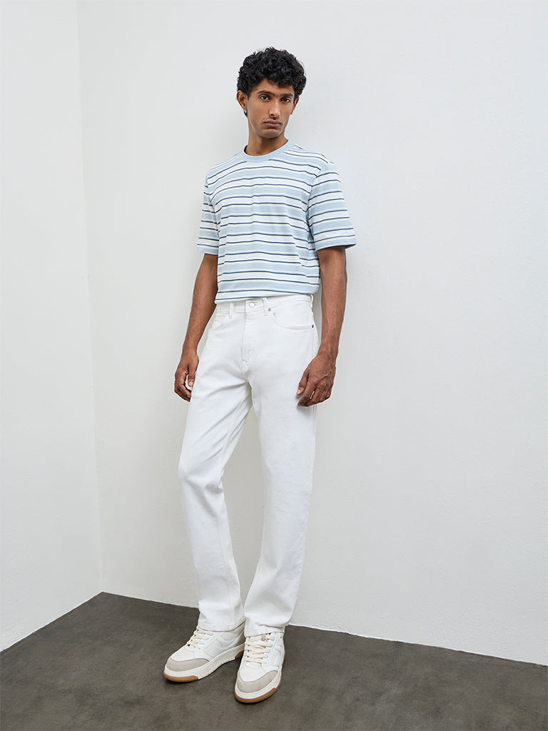 WES Casuals Light Blue Striped Relaxed Fit Cotton T-Shirt
