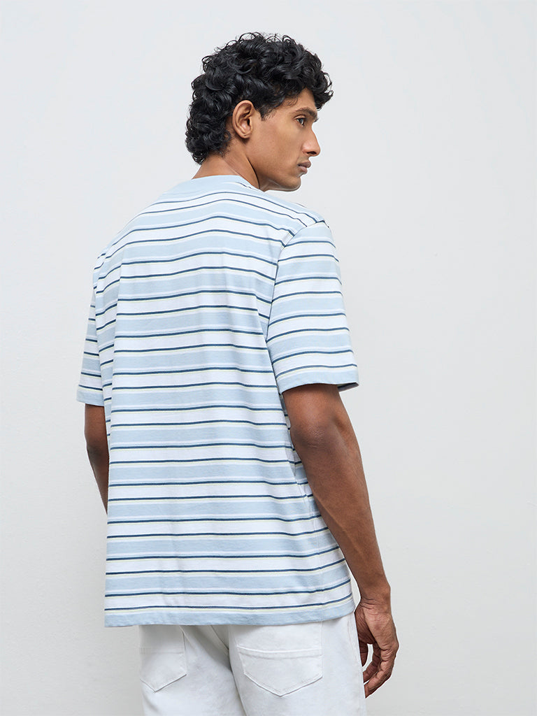 WES Casuals Light Blue Striped Relaxed Fit Cotton T-Shirt