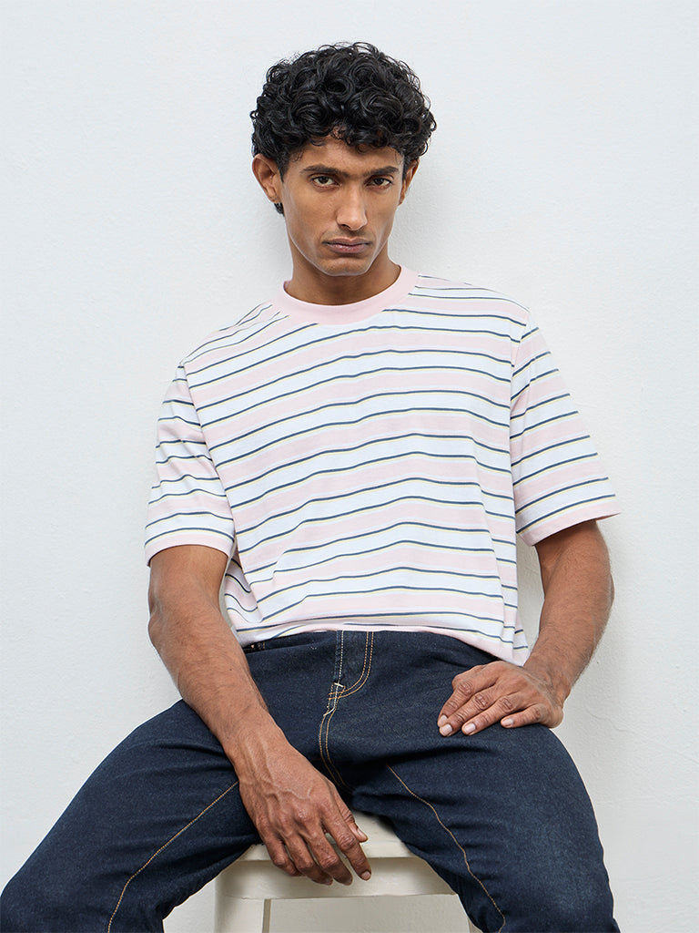 WES Casuals Light Pink Striped Relaxed Fit Cotton T-Shirt