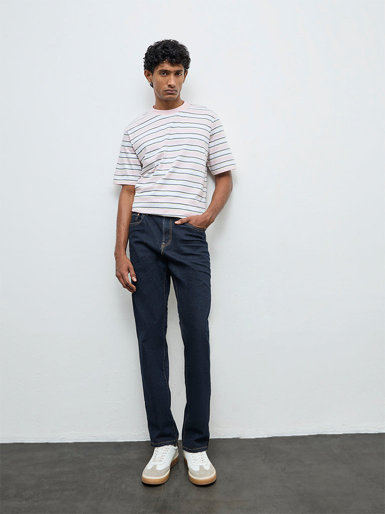 WES Casuals Light Pink Striped Relaxed Fit Cotton T-Shirt