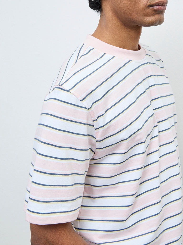 WES Casuals Light Pink Striped Relaxed Fit Cotton T-Shirt