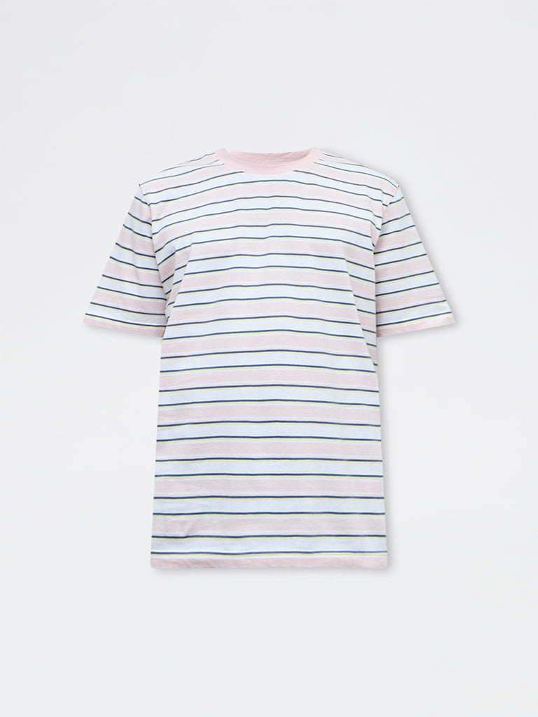 WES Casuals Light Pink Striped Relaxed Fit Cotton T-Shirt