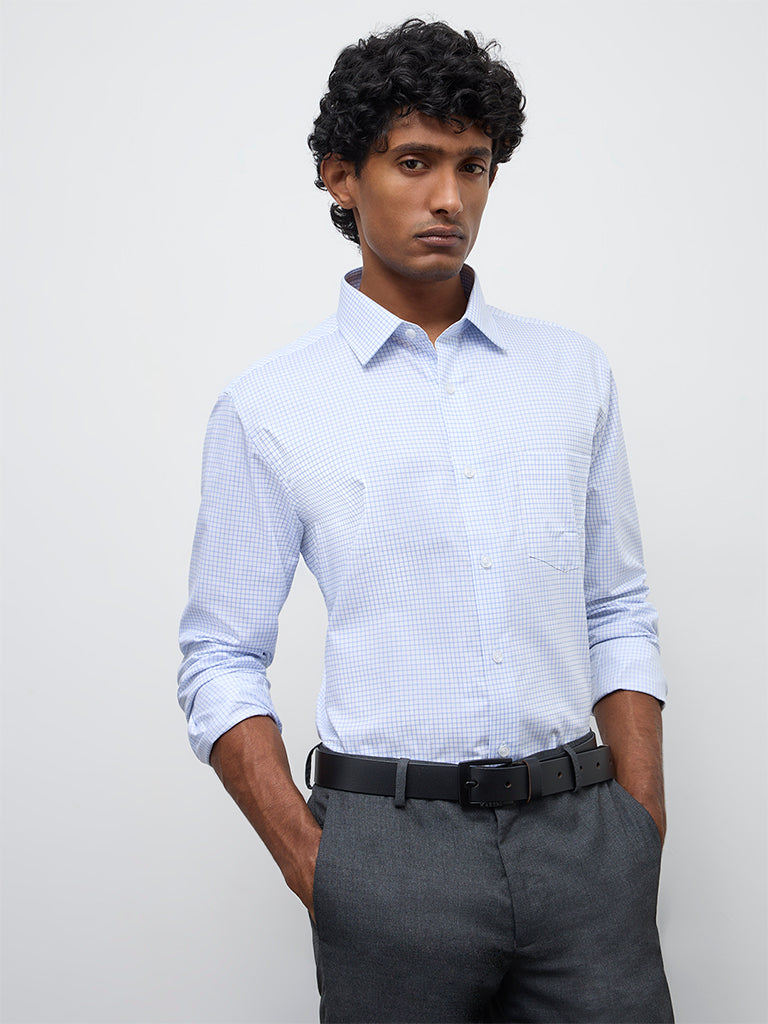 WES Formals Blue Checks Printed Relaxed-Fit Cotton T-Shirt